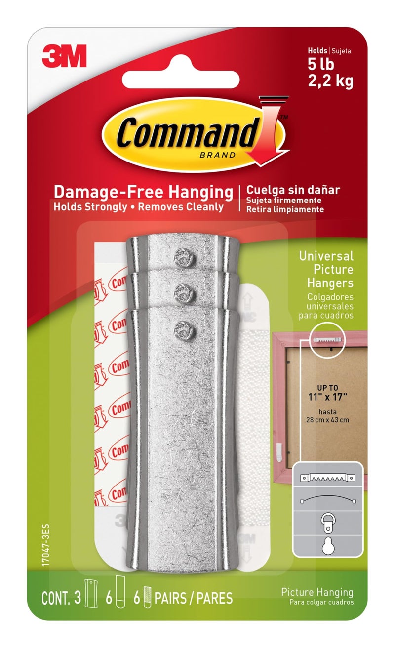 Command 5 lb Universal Picture Hanger, 3 Frame Hangers, 6 Command Strips and 6 Frame Stabilizer Strips for Sawtooth, D-Ring, Wire, Keyhole and Other Frames, Damage-Free Hanging for Home Decor - Image 1